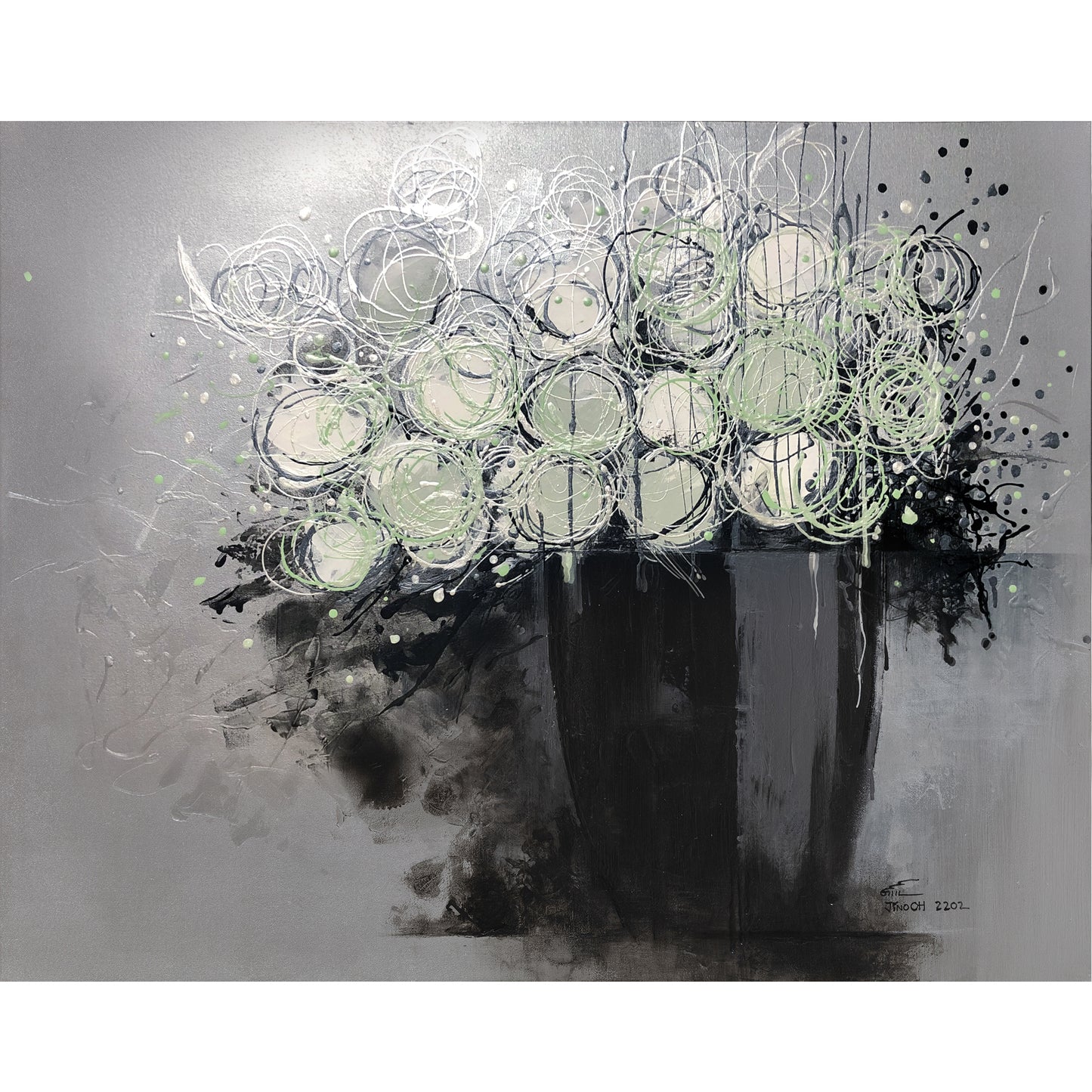Metallic Black, White and Silver Floral Abstract Art JA044