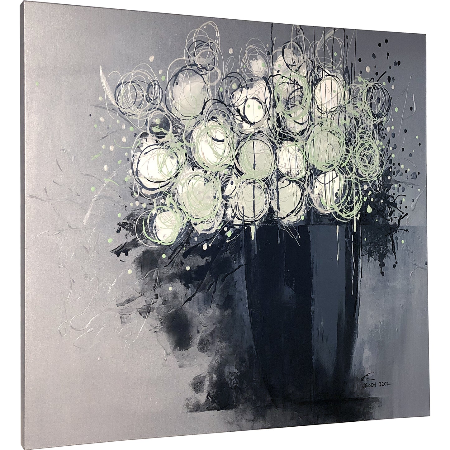 Metallic Black, White and Silver Floral Abstract Art JA044