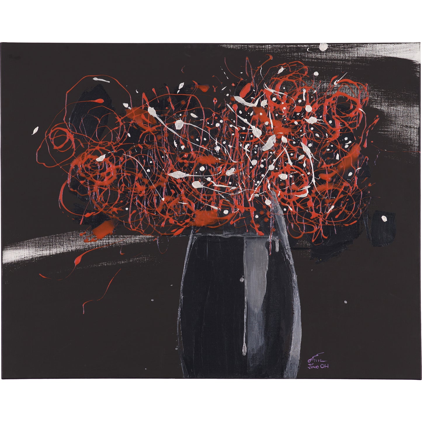 Gray, Orange and Silver Floral Abstract Art JA061