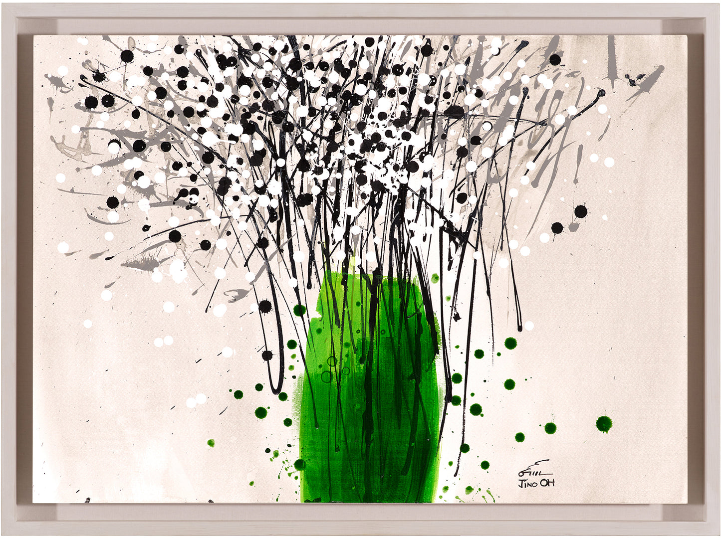 White, Green and Black Floral Abstract Art JA058